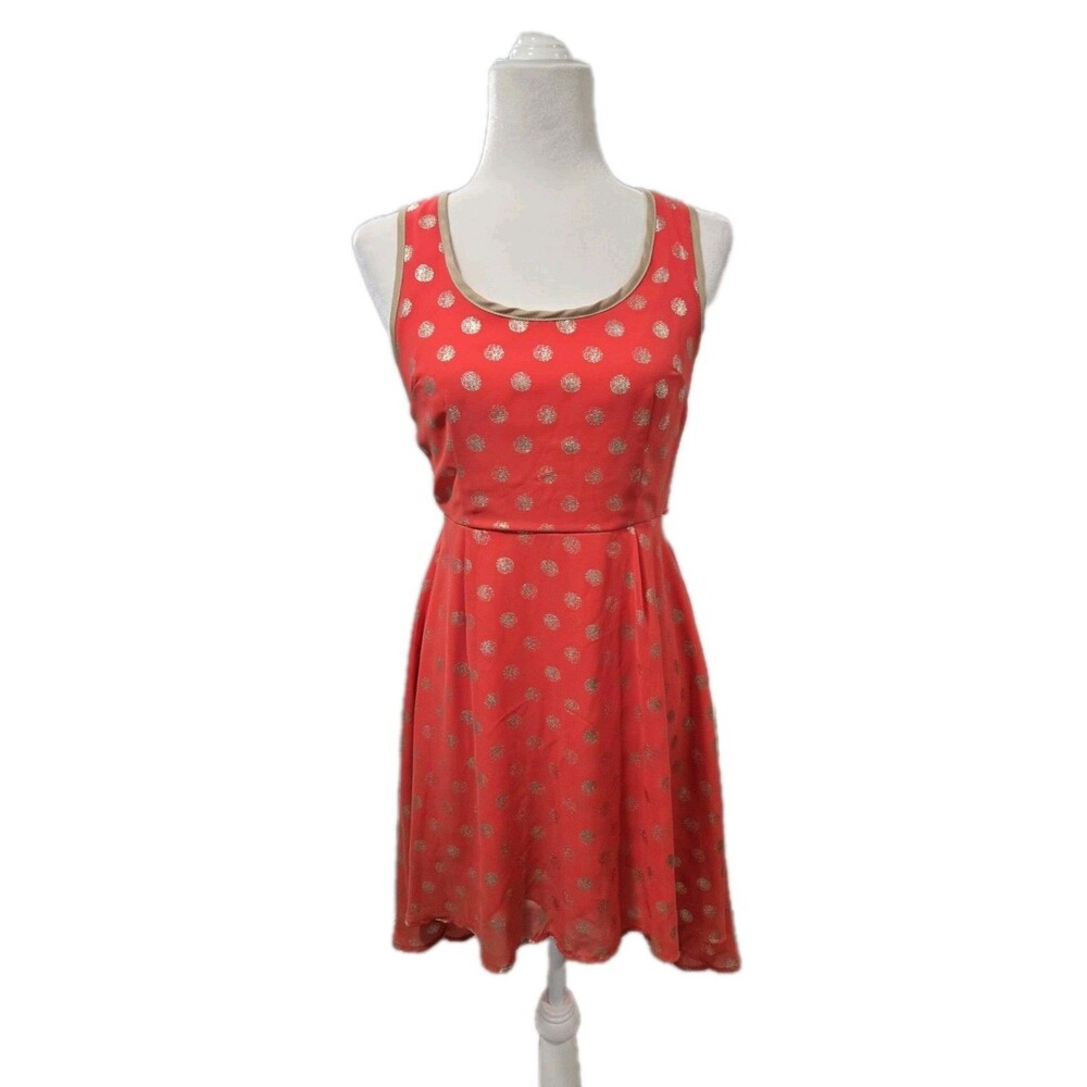 EZRA Women’s Coral & Gold Polka Dot Dress Hi-Low Hem Open Back Size Small